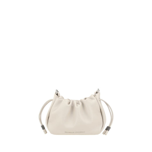 Mini Shoulder Bucket Bag by Brunello Cucinelli for women in bos taurus calf leather beige & monogram showcases a enviable silhouette, artfully detailed with a secure drawstring, organized single-compartment, and versatile shoulder-strap for a enviable look.