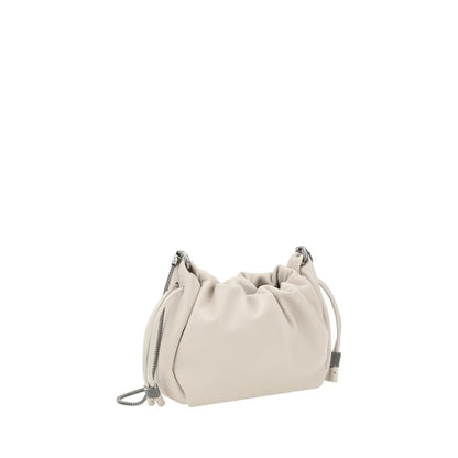 Mini Shoulder Bucket Bag by Brunello Cucinelli for women in bos taurus calf leather beige & monogram presents a versatile silhouette, showcasing a secure drawstring and versatile single-compartment with versatile shoulder-strap for a sophisticated look.