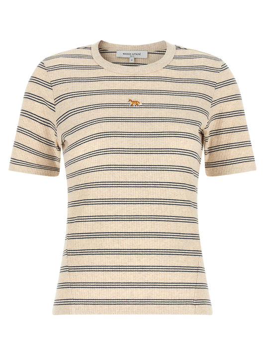 T-Shirt by Maison Kitsuné for women in stretch organic cotton beige, navy, signature & striped showcases a chic silhouette, artfully detailed with a chic and for a chic finish.