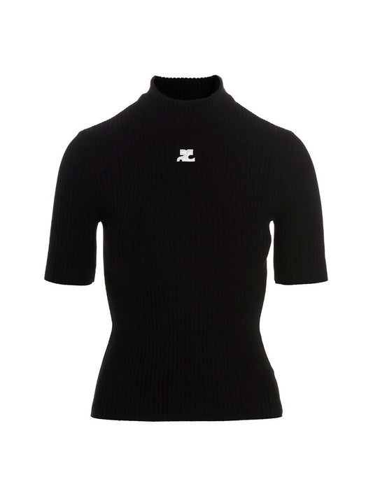 Cardigan by Courrèges for women in polyester & viscose bicolour, black & white features a dramatic silhouette, showcasing a sophisticated high-neck neckline and dramatic short-sleeve detail for a timeless, premium look.