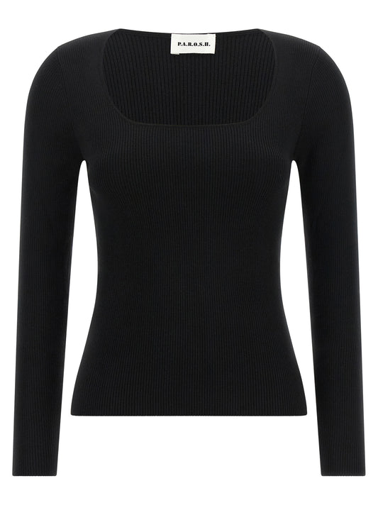 Cardigan by P.A.R.O.S.H. for women in wool black & natural features a dramatic silhouette, showcasing a sophisticated square neckline and dramatic long-sleeve detail for a timeless, premium look.