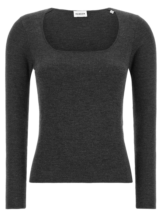 Cardigan by P.A.R.O.S.H. for women in wool gray presents a textural silhouette, artfully finished with a textural square neckline and long-sleeve for a sophisticated, textural look.