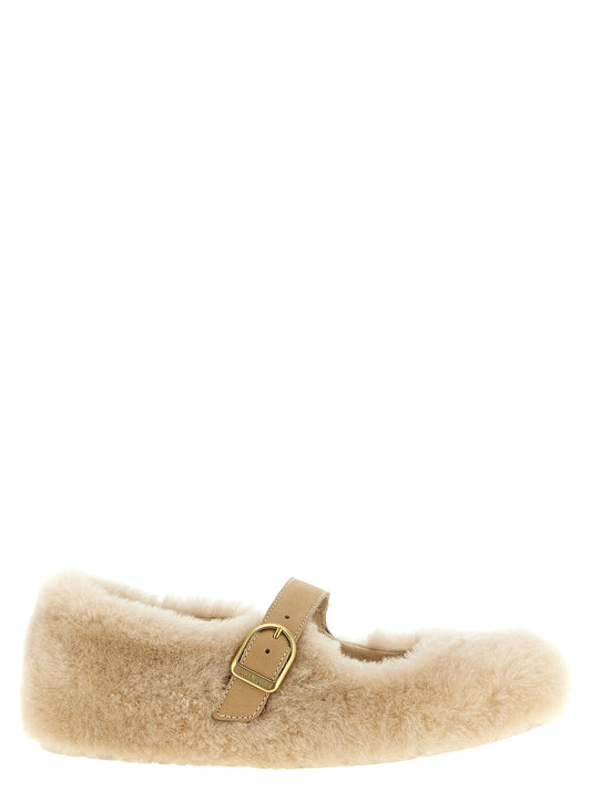 Ballet Mary-Jane Flat Shoes by Birkenstock for women in suede leather & cork beige features an statuesque silhouette from the Women's Suede Leather & Cork Ballet Mary-Jane Flat Shoes collection, showcasing a and a statuesque for a statuesque look.