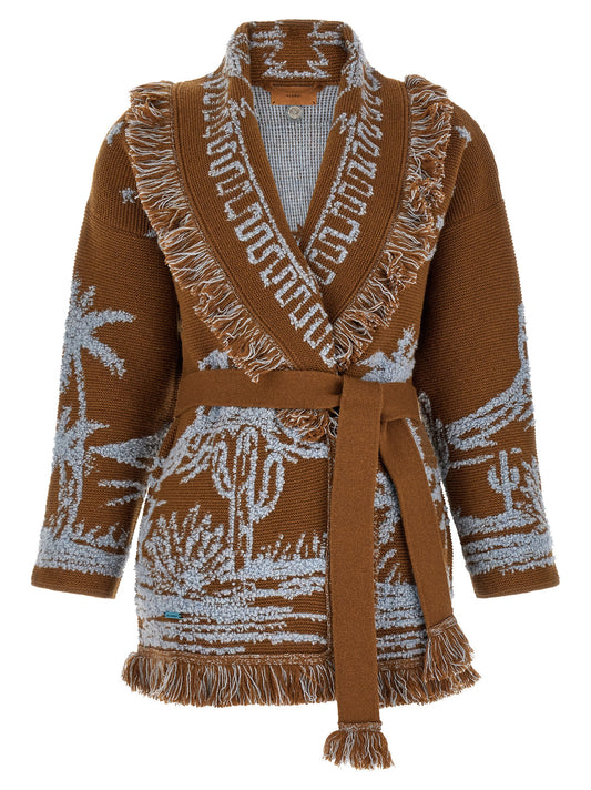 Cardigan by Alanui for women in cashmere & polyamide blue, brown & jacquard features an crisp silhouette, showcasing a sophisticated shawl-collar neckline and detail for a truly crisp finish.