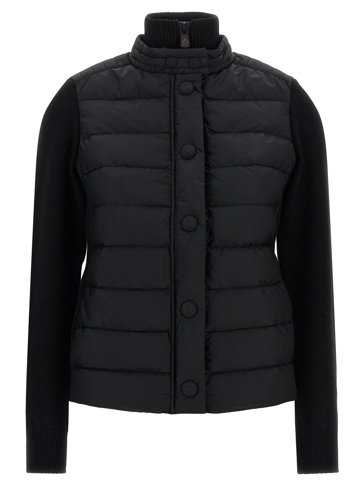 Cardigan by Moncler Grenoble for women in polyamide & virgin wool black presents a textural silhouette, artfully finished with a textural high-neck neckline and for a sophisticated, textural look.