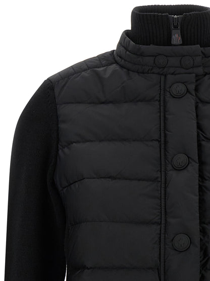 Cardigan by Moncler Grenoble for women in polyamide & virgin wool black showcases a luxurious silhouette, meticulously detailed with a sophisticated high-neck neckline and for a refined finish.