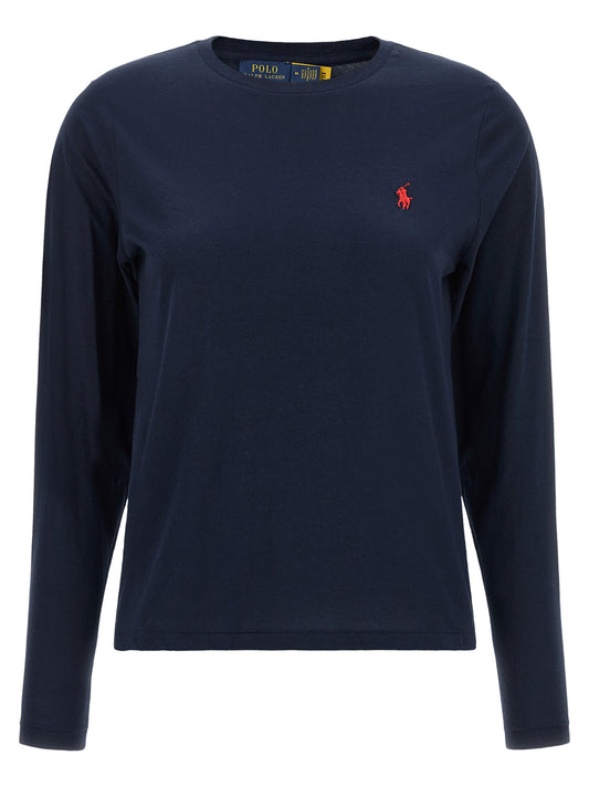 Polo Shirt by Polo Ralph Lauren for women in cotton blue & red presents a sleek silhouette, featuring a refined crew neckline and long-sleeve for a sleek finish.