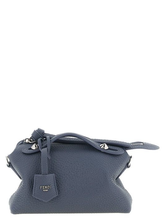 Mini Clutch Handbag by Fendi for women in calfskin leather natural, navy & silver features an sculptural silhouette, showcasing a secure zipper and sculptural with versatile shoulder-strap & detachable-strap for a sophisticated look.