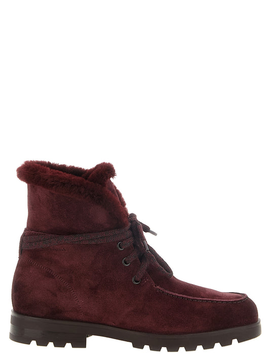 Ankle Winter Boots by Santoni for women in suede calfskin leather bordeaux & burgundy features an effortless chic silhouette from the Women's Suede Calfskin Leather Ankle Winter Boots collection, showcasing a effortless chic and refined for an effortless chic look.