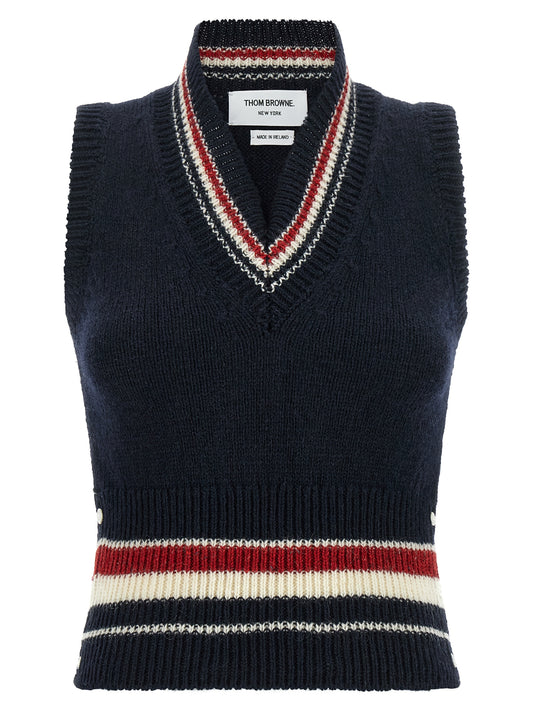 Vest by Thom Browne for women in mohair wool navy, signature & striped features a stylish silhouette, showcasing distinct and a refined v-neck neckline for a truly stylish finish.