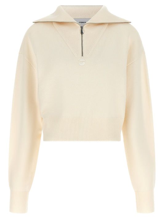 Cardigan by Coperni for women in cashmere wool silver & white showcases a captivating silhouette, artfully detailed with a captivating and high-neck neckline for a truly sophisticated captivating look.