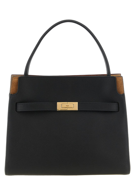 Small 2-in-1 Shoulder & Crossbody Handbag by Tory Burch for women in suede lambskin leather black & gold features a transformative sophistication silhouette, showcasing a secure zipper, ample , and versatile crossbody-strap, shoulder-strap, handle, adjustable-strap & belt-strap for a transformative sophistication look.