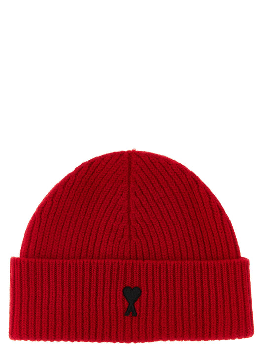 Beanie Hat by Ami Paris for unisex in wool red features a refined luxury silhouette, artfully capturing the essence of the refined luxury Wool Beanie Hat design for a sophisticated, premium look.