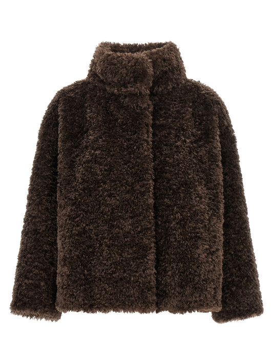 Overcoat by Herno for women in polyester faux fur brown features a contemporary silhouette showcasing a contemporary high-neck neckline and refined for a sophisticated finish.