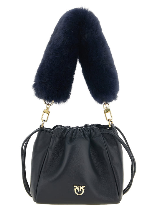 Shoulder Bucket Bag by PINKO for women in lambskin leather cotton & fur blue & gold presents a versatile silhouette, showcasing a secure drawstring and versatile with versatile shoulder-strap & handle for a sophisticated look.