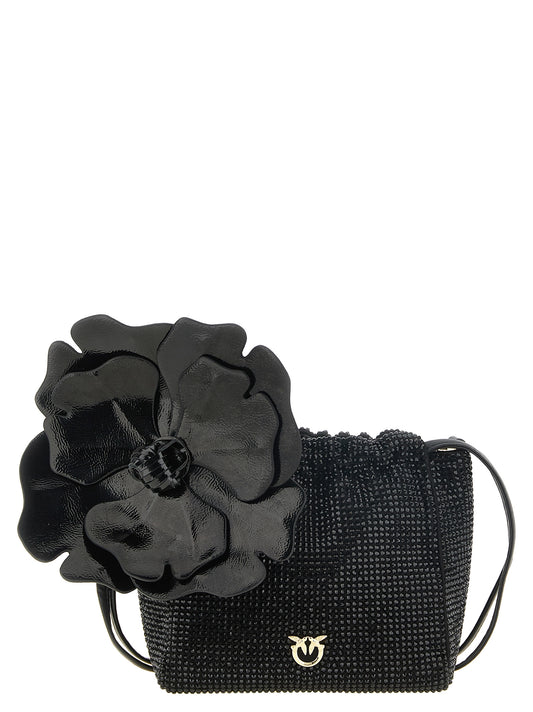Crossbody Bucket Clutch Handbag by PINKO for women in polyethylene & polyurethane black & floral features a sculptural silhouette with a secure zipper & drawstring, ample , and versatile for a sculptural finish.