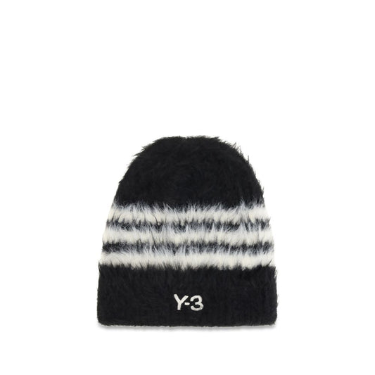 Beanie Hat by Y-3 for men in stretch polyamide polyester black, signature & striped features a refined silhouette, showcasing the refined design of the Stretch Polyamide Polyester Beanie Hat for a sophisticated look.