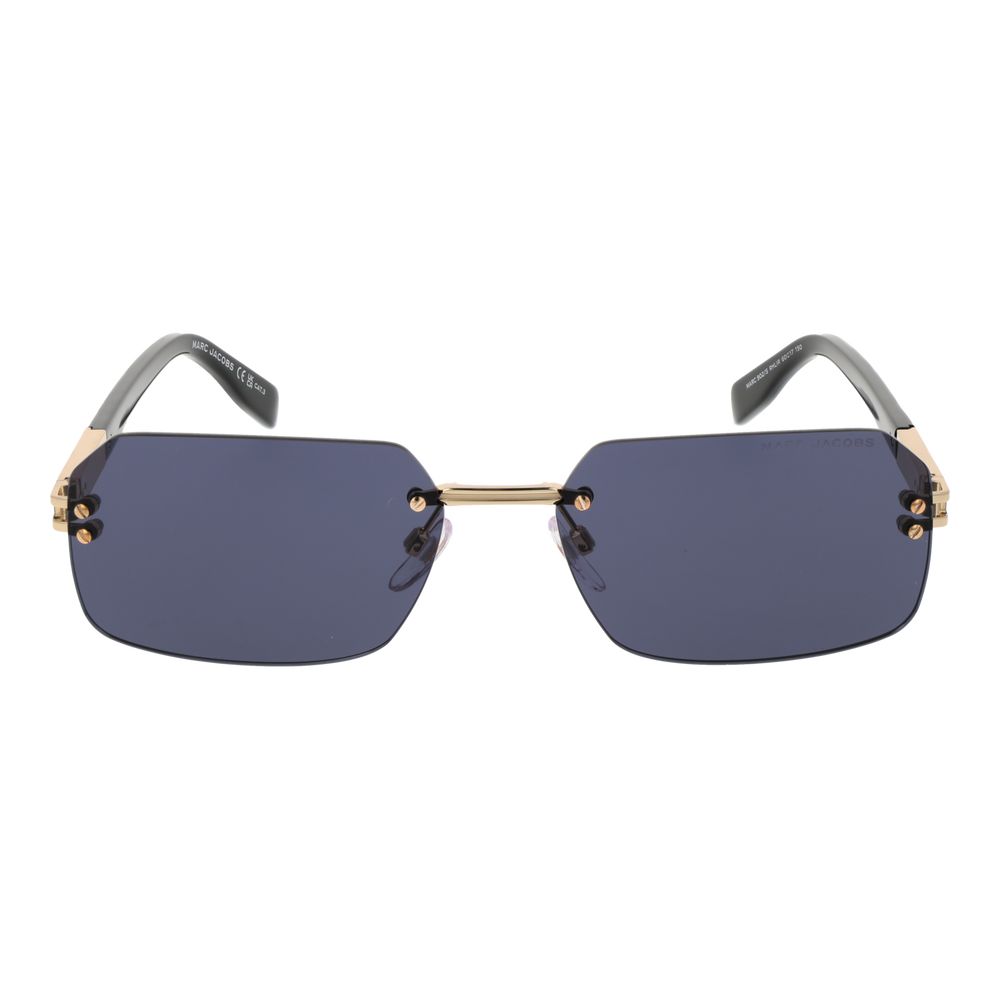 This Sunglasses by Marc Jacobs for men in metal & plastic gray & gold presents a sumptuous silhouette, showcasing a sumptuous rectangle rimless frame design in gold coloured frame and high-performance category-3-dark-tint lens.