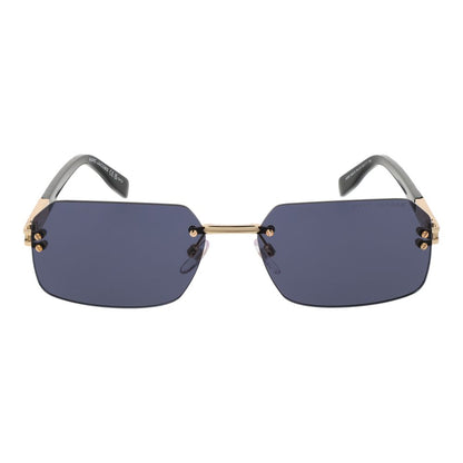 This Sunglasses by Marc Jacobs for men in metal & plastic gray & gold presents a sumptuous silhouette, showcasing a sumptuous rectangle rimless frame design in gold coloured frame and high-performance category-3-dark-tint lens.
