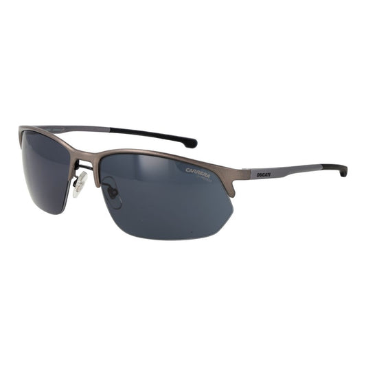 This Sunglasses by Carrera Ducati for men in aluminum & plastic brown, gray & gunmetal presents a sumptuous silhouette, showcasing a sumptuous half-rim square frame design in gray coloured frame and high-performance category-3-dark-tint lens.