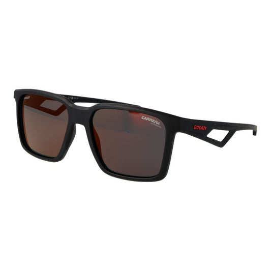Sunglasses by Carrera Ducati for men in polyamide & plastic black & red features a contemporary silhouette, showcasing a contemporary rectangle full-rim frame design in black coloured frame with high-performance category-3-dark-tint polarized mirrored lens.