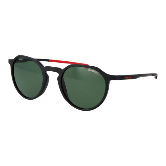 Sunglasses by Carrera Ducati for men in acetate and black & green featuring an stylish full-rim round frame design with a sophisticated black coloured frame finish and high-performance category-2-medium-tint polarized lens.