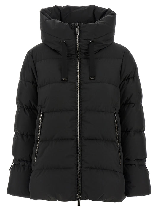 Hooded Puffer Jacket by MooRER for women in polyester & goose down black features a city-ready silhouette, detailed with pockets, hooded & insulated and a city-ready hooded high-neck neckline.