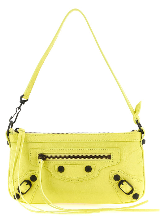 Shoulder Pouch Bag by Balenciaga for women in cotton canvas & lambskin leather black, multicolor & yellow features a effortless sophistication silhouette, secured by a buckle with ample built-in-compartments, external-pockets & cardholder and versatile shoulder-strap & adjustable-strap for a effortless sophistication finish.