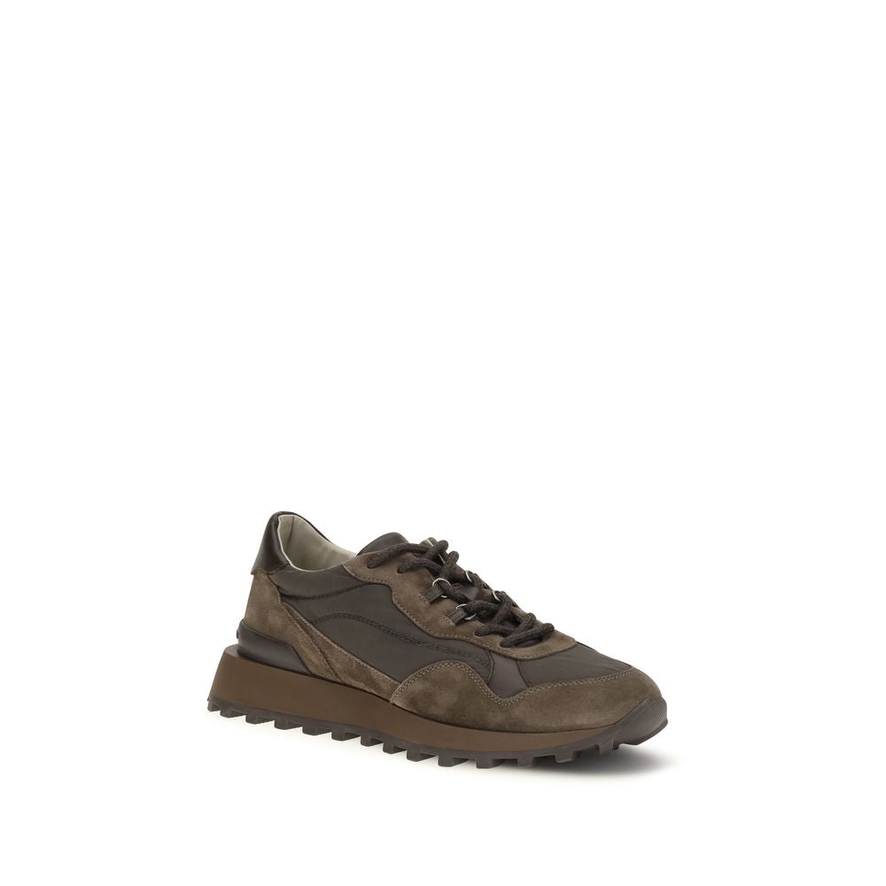 Athletic Sneakers by Brunello Cucinelli for women in tu cotton & bos taurus suede calf leather brown showcases a architectural silhouette, artfully capturing the essence of the Monile Women's Athletic TU Cotton & Bos Taurus Suede Calf Leather Sneakers with its signature architectural athletic style construction.