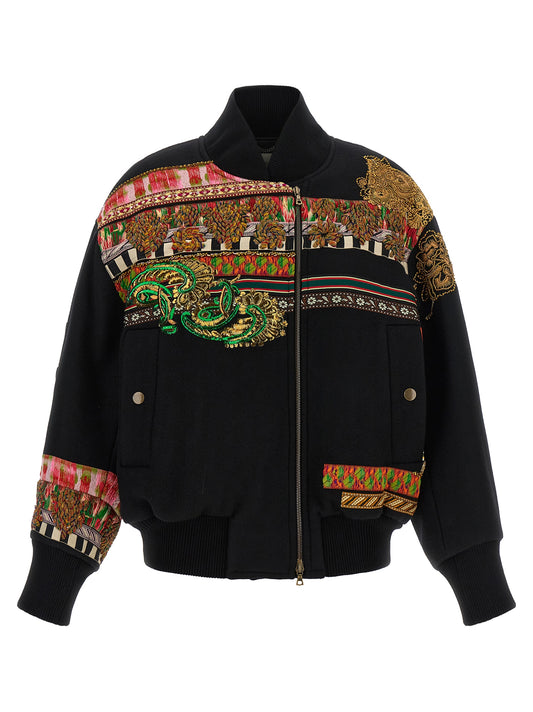 Bomber Jacket by Dries Van Noten for women in polyamide & wool multicolor showcases a bohemian silhouette, artfully detailed with a bohemian and signature pockets for a truly bohemian finish.