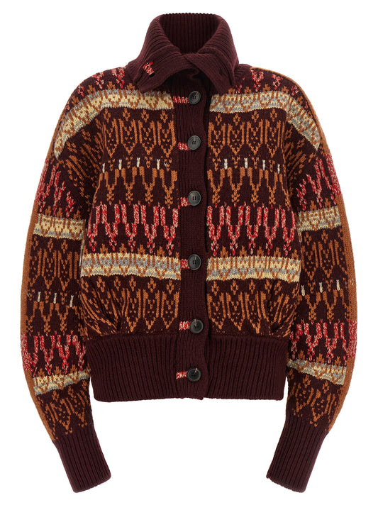 Cardigan by Dries Van Noten for women in cashmere bordeaux, burgundy & jacquard showcases a luxurious silhouette, meticulously detailed with a sophisticated and for a refined finish.