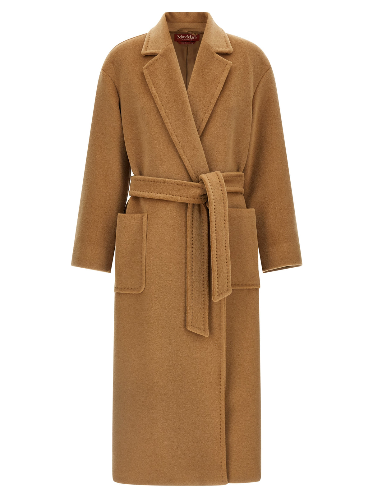 Overcoat by Max Mara for women in wool beige, camel, jacquard & monogram showcases a enveloping silhouette, detailed with distinctive pockets and a enveloping .