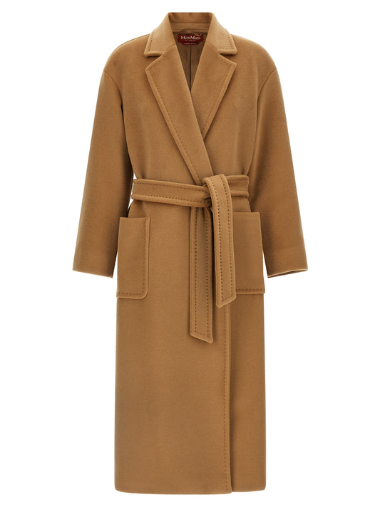 Overcoat by Max Mara for women in wool beige, camel, jacquard & monogram showcases a enveloping silhouette, detailed with distinctive pockets and a enveloping .