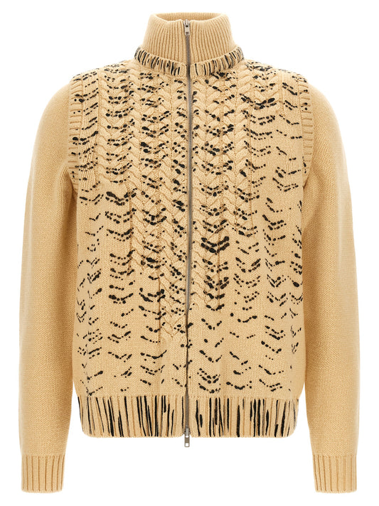 Cardigan by Maison Margiela for men in virgin wool beige & black showcases a captivating silhouette, artfully detailed with a captivating and high-neck neckline for a truly sophisticated captivating look.