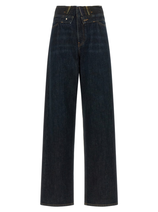 Jeans by MM6 Maison Margiela for women in denim cotton dark-blue, orange & white presents a refined pantology silhouette, artfully defined by a refined pantology wide, long, and a sophisticated high rise.