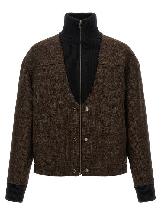 Bomber Jacket by Maison Margiela for men in wool brown, patterned & herringbone features an on trend silhouette, showcasing refined pockets and a sophisticated v-neck neckline for a truly on trend finish.