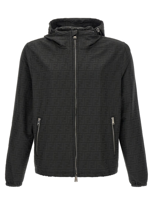 Hooded Windbreaker Jacket by Fendi for men in polyester & palladium black, palladium, jacquard & monogram presents a resilient silhouette, artfully detailed with a sophisticated hooded neckline and functional pockets, hooded & windproof for a resilient finish.