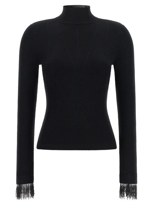 Cardigan by Twinset for women in polyamide viscose & tulle black, patterned & chevron features a dramatic silhouette, showcasing a sophisticated mock neckline and dramatic long-sleeve detail for a timeless, premium look.