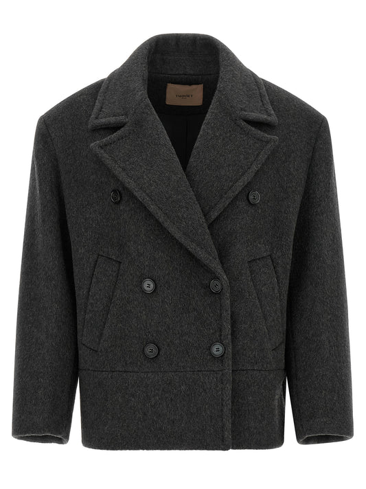 Overcoat by Twinset for women in silk wool & polyester camel & gray presents a luxurious silhouette, showcasing a luxurious and sophisticated pockets for a premium, luxurious look.