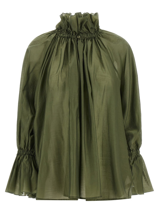 Blouse by THELATEST for women in polyester & lyocell bicolour, green, olive & transparent, featuring a nuanced long-sleeve and nuanced high-collar neckline for a sophisticated finish.
