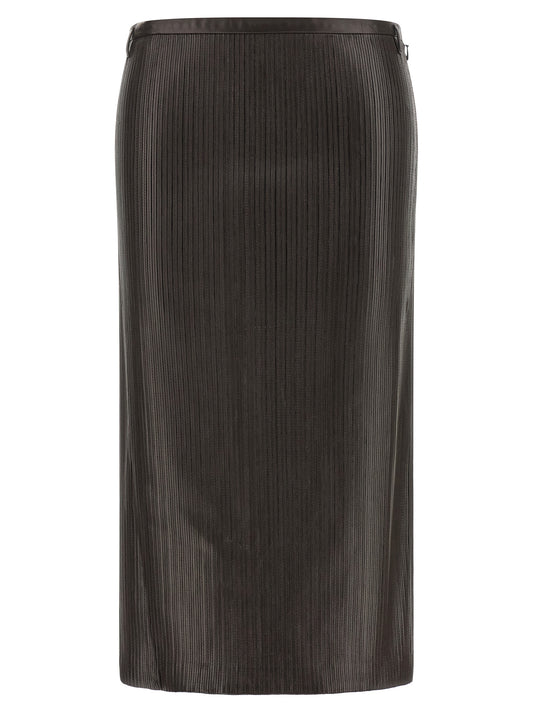Skirt by Tom Ford for women in lamb leather brown showcases a dramatic silhouette, artfully capturing the essence of the Women's Pencil Lamb Leather Midi Skirt in a dramatic midi cut for a refined look.