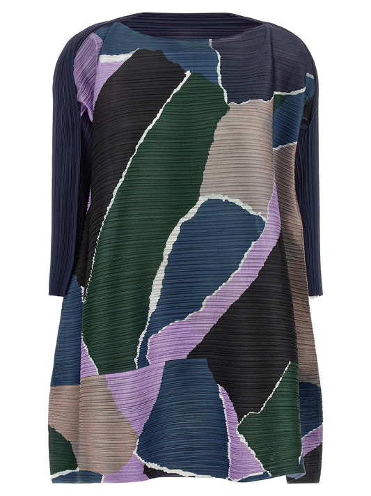 Dress by PLEATS PLEASE ISSEY MIYAKE for women in polyester black, gray, green, multicolor & purple features an eye catching silhouette with a sophisticated boat neckline, elegant three-quarter-sleeve, and a refined midi for a eye catching aesthetic.