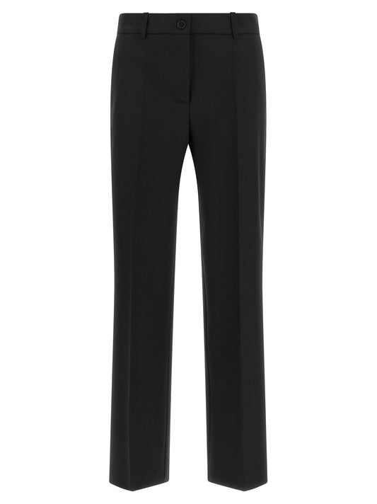 Trousers by P.A.R.O.S.H. for women in virgin wool black features a sculptural silhouette, showcasing a sculptural straight-leg and long with a sophisticated mid rise for a sculptural finish.