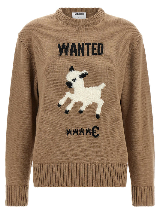 Cardigan by Moschino for women in merino virgin wool beige & signature features an impeccable silhouette, showcasing a sophisticated and detail for a truly impeccable finish.