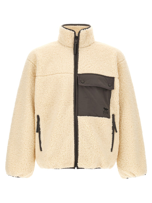 Overcoat by Maison Kitsuné for men in polyester beige features an voluminous silhouette, showcasing distinct pockets and a voluminous high-neck neckline for a truly voluminous aesthetic.