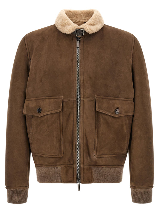 This Bomber Jacket by MooRER for men in wool suede leather & fur brown exhibits a edgy silhouette, meticulously detailed with functional pockets and a edgy for a edgy finish.
