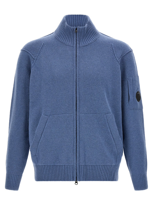 Cardigan by C.P. Company for men in lambswool & wool blue showcases a captivating silhouette, artfully detailed with a captivating and high-neck neckline for a truly sophisticated captivating look.