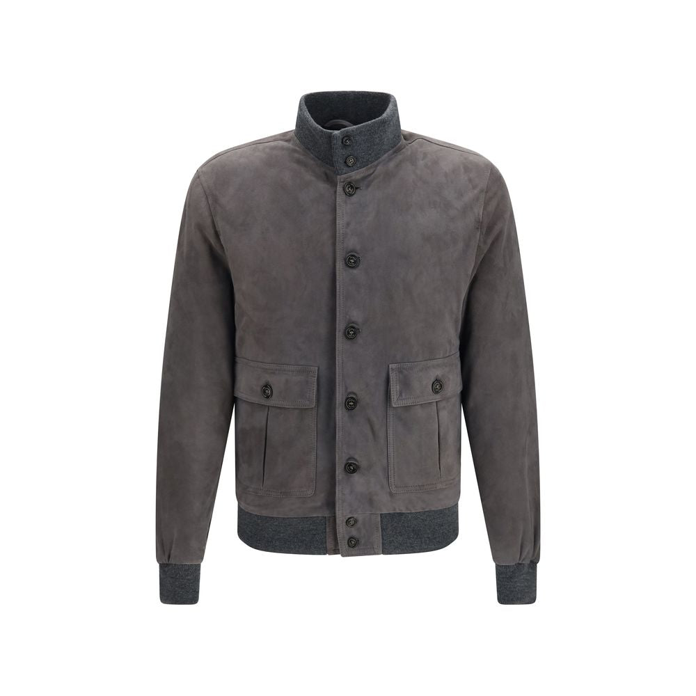 Bomber Jacket by Valstar for men in bos taurus calf suede leather brown presents a effortlessly chic silhouette, showcasing a sophisticated high-collar neckline and premium pockets for a truly effortlessly chic finish.