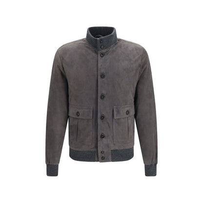 Bomber Jacket by Valstar for men in bos taurus calf suede leather brown presents a effortlessly chic silhouette, showcasing a sophisticated high-collar neckline and premium pockets for a truly effortlessly chic finish.