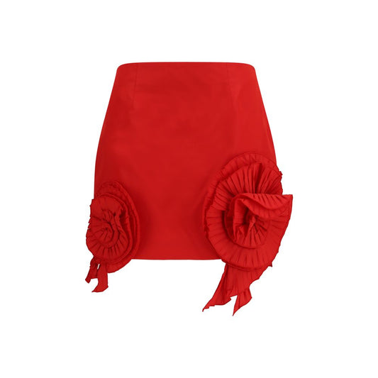 Skirt by Blumarine for women in polyester crepe red & floral showcases a sultry silhouette, elegantly defined by its mini and the sophisticated sultry design of the Women's Straight High Rise Polyester Crepe Mini Skirt.